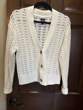 GAP Cream Crochet Openwork Button-Up Cardigan